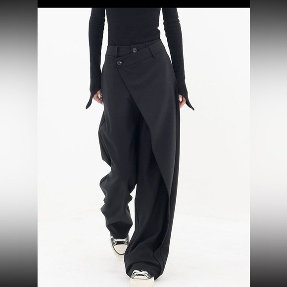 Pants - Asymmetrical Black Wide-Leg Pants